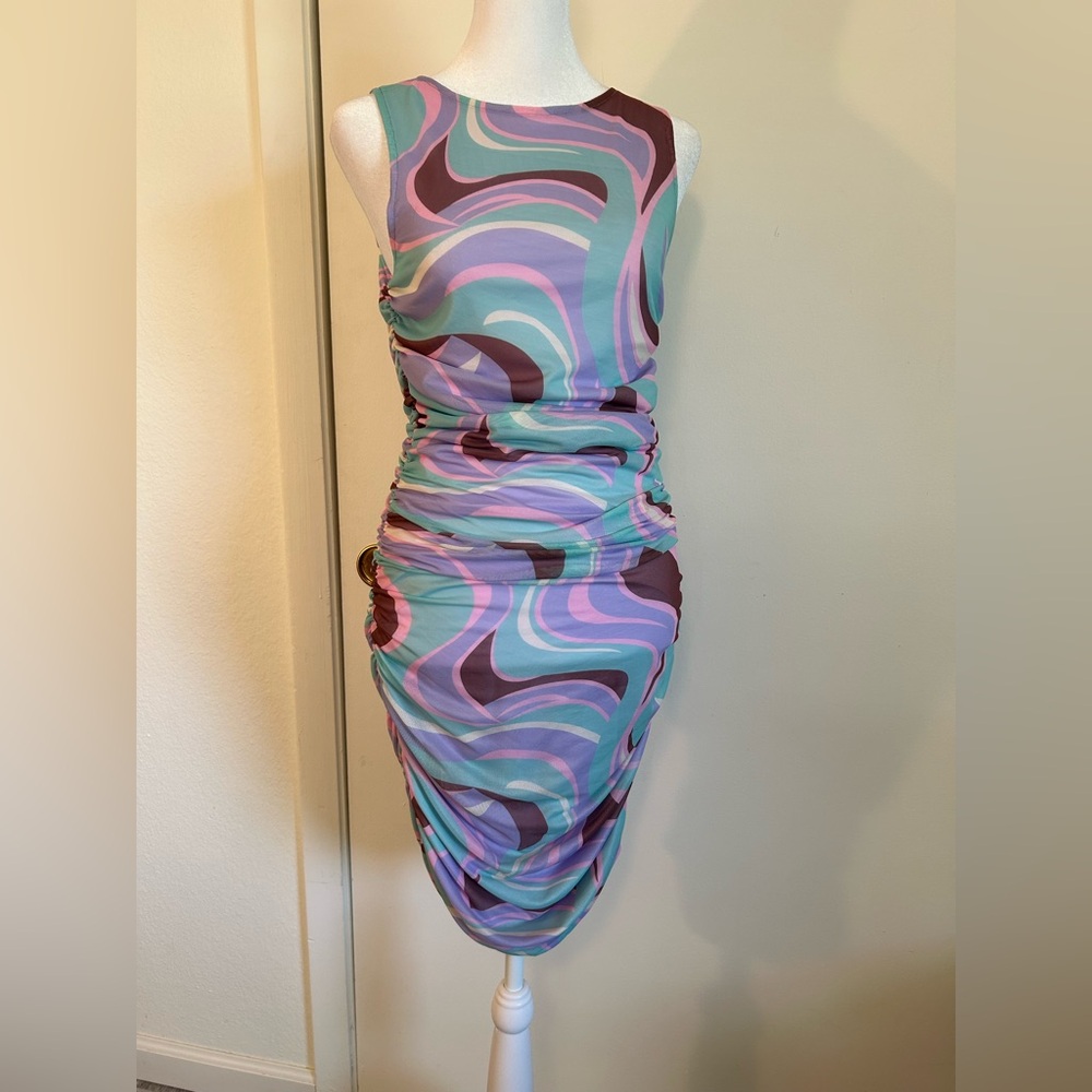 Lucy Paris Pastel Groovy Swirl Dress Ruched Sides Mini/Midi